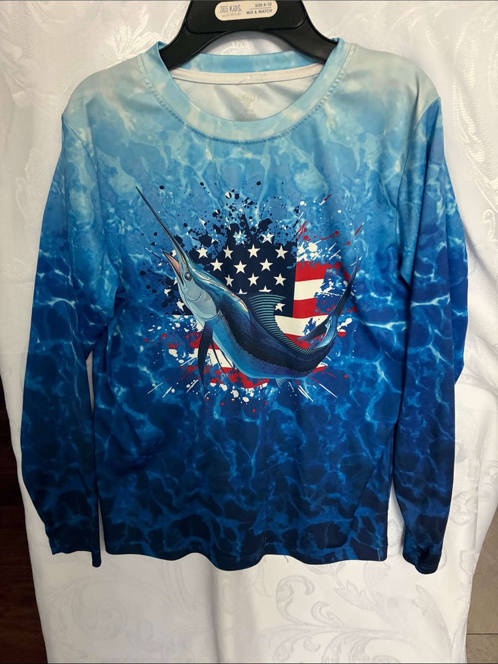 Patriotic Blue Marlin Long Sleeve Tee for Kids